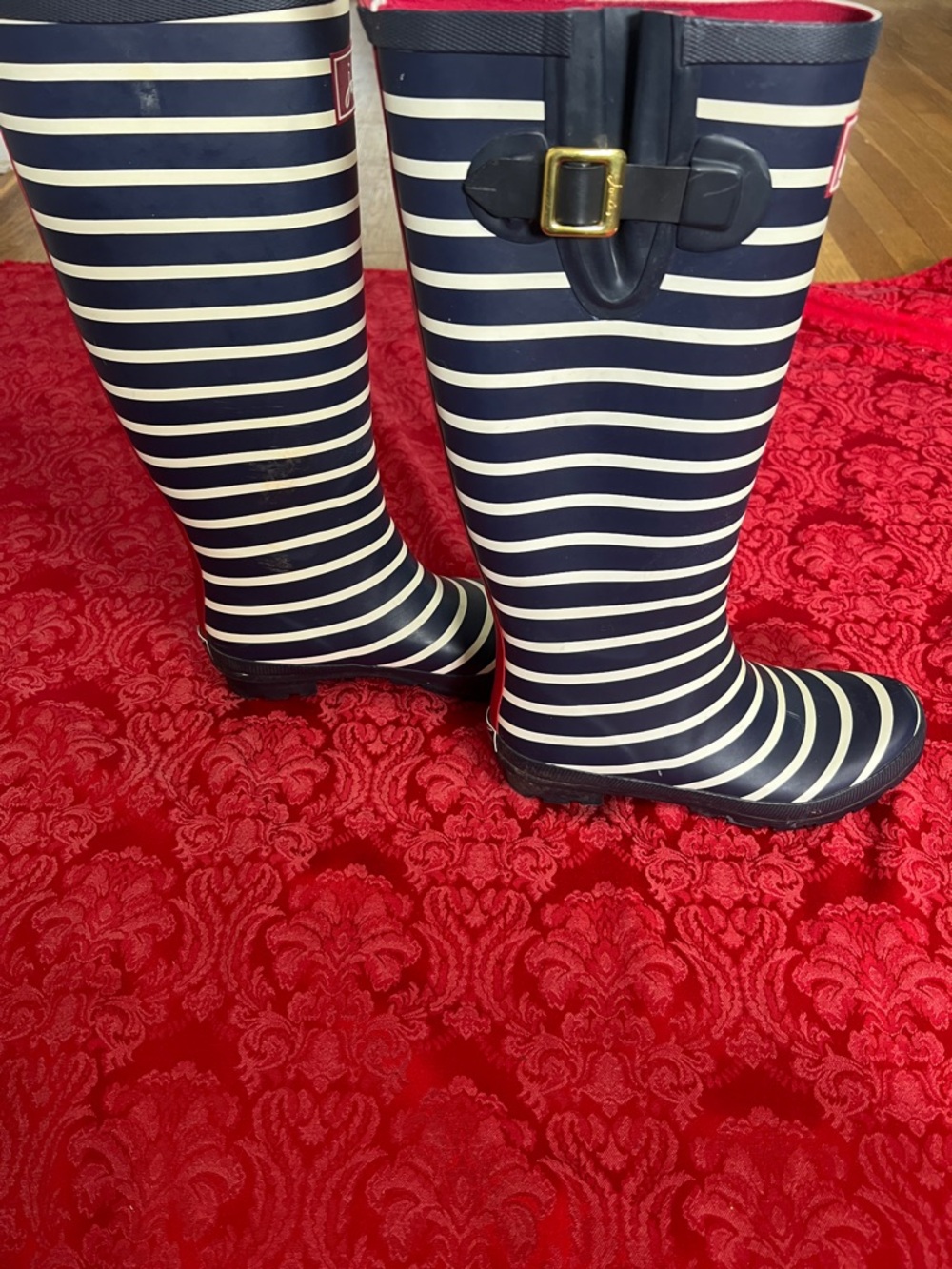 Joules Navy Cream Striped Tall Rain Boots Women’s US 8 UK 6 - Picture 6 of 10